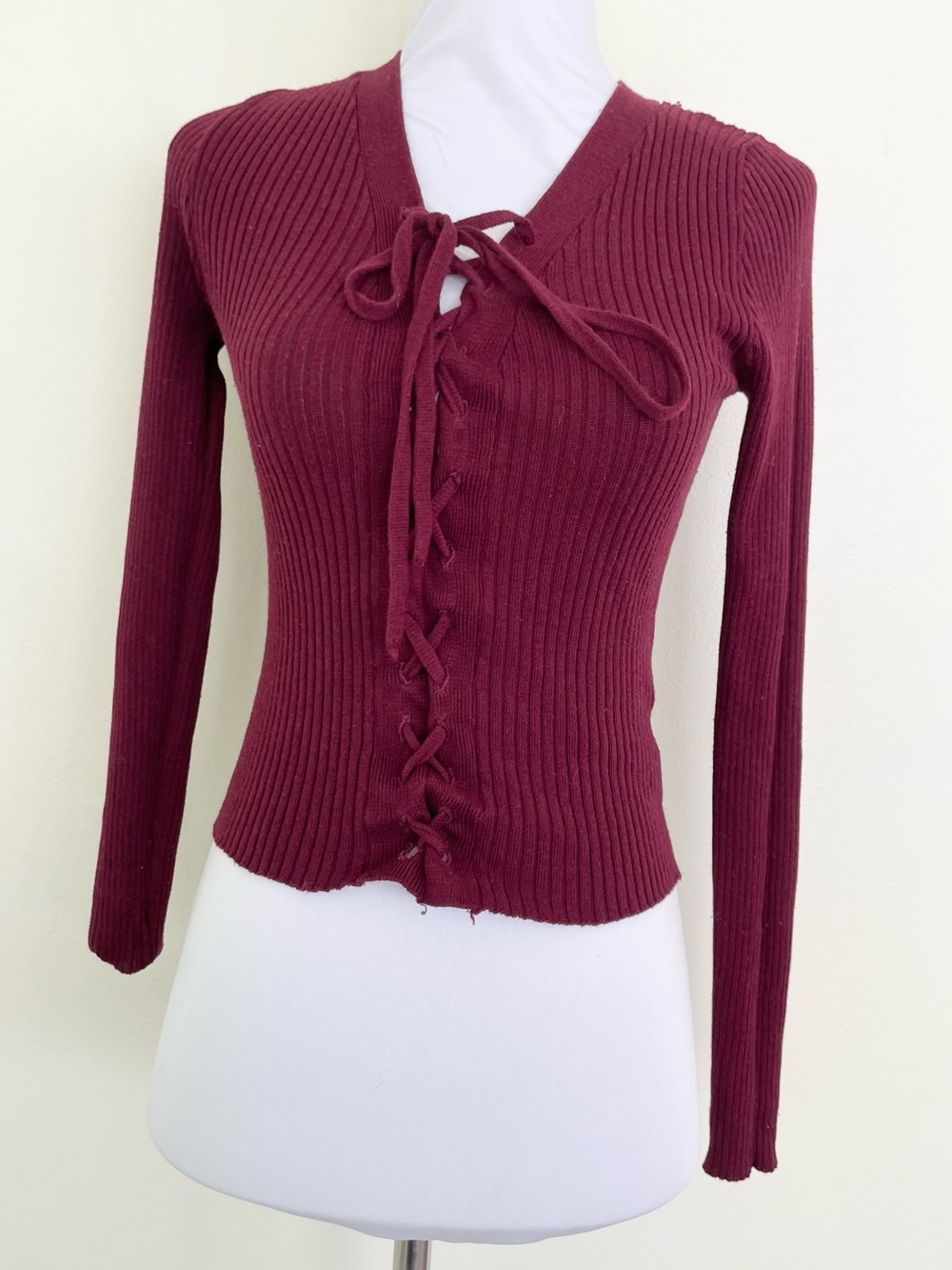 Ambiance Apparel Ribbed Knit Lace Up Front Cotton Sweater S Small Burgundy Red